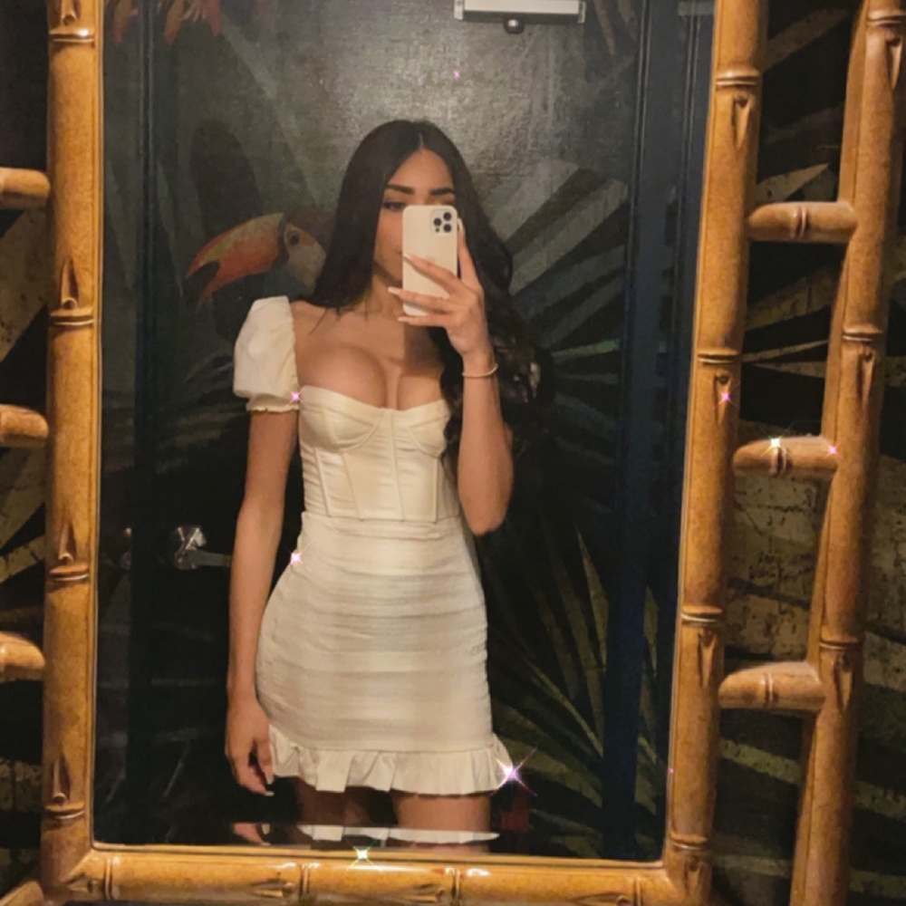 Pretty Sight Puff Sleeve Shirred Mini Dress in Ivory